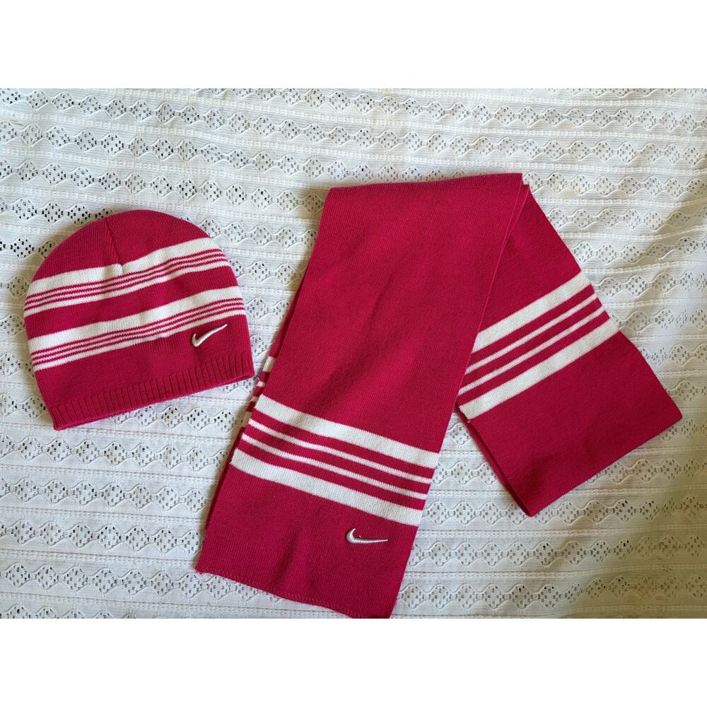 Nike Toddler Pink White Knit Beanie Hat & Scarf Set Swoosh Winter Cold Weather